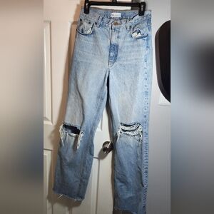 Zara womens sz 6 blue jean wide leg distressed rip raw edge legs tall long